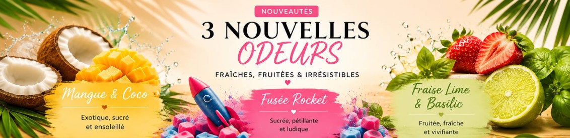 Nouveautés Vanilys : 3 nouvelles odeurs fraîches et fruitées – Mangue & Coco, Fusée Rocket et Fraise, lime & basilic